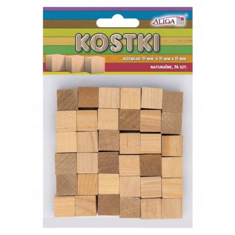 KOSTKI DREWNIANE BEZBARWNE 15X15X15MM 36SZT