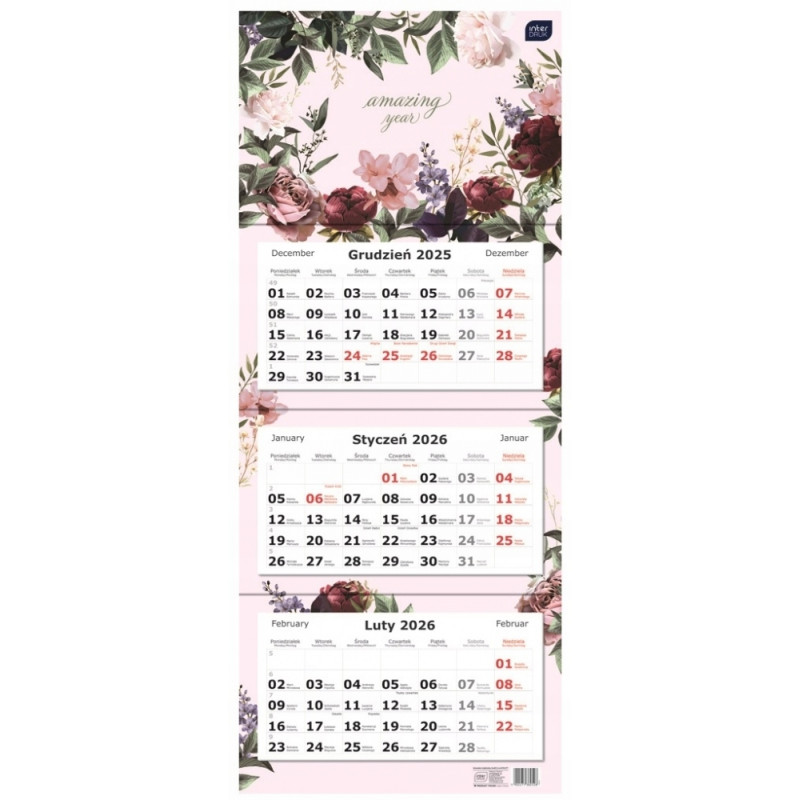 KALENDARZ TROJDZIELNY 82,5X34CM KWIATY 2026 INTERDRUK