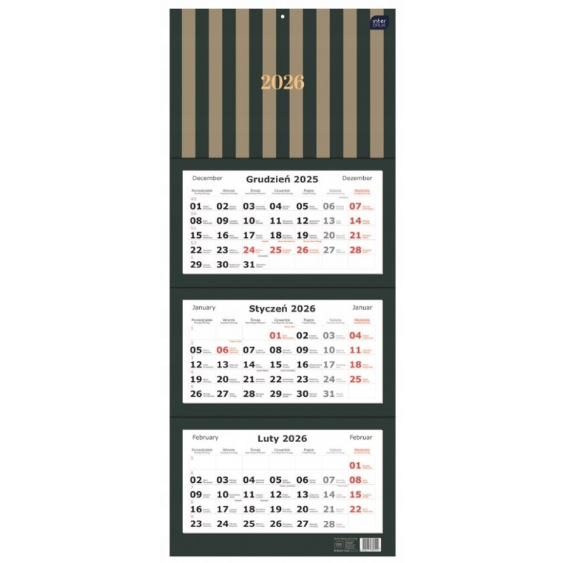 KALENDARZ TROJDZIELNY B2 8,25X34CM PASKI 2026 INTERDRUK