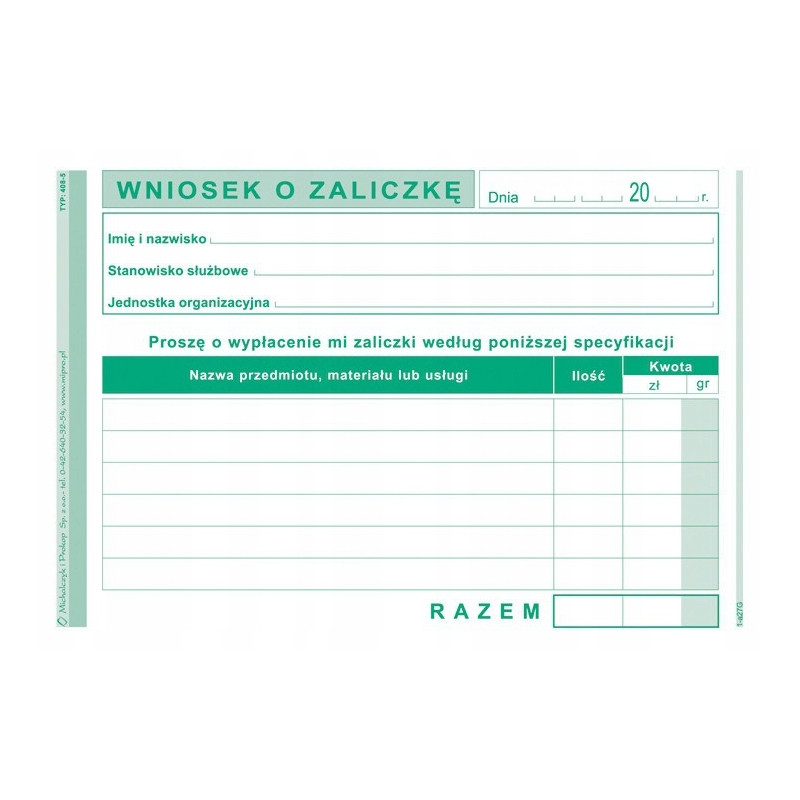 WNIOSEK O ZALICZKĘ A6