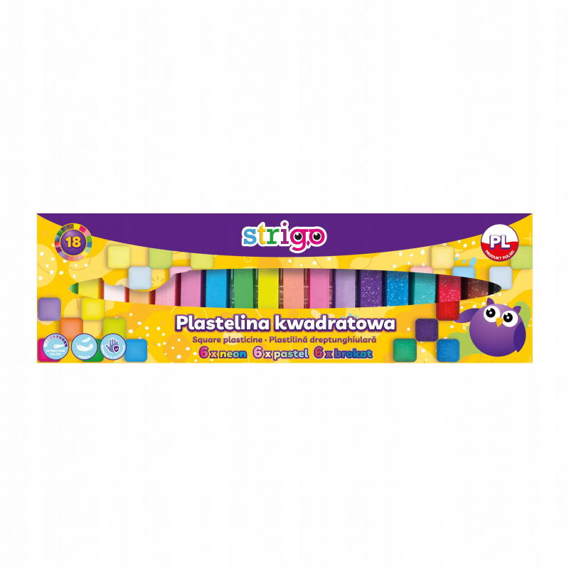 STRIGO PLASTELINA KWADRATOWA 18 KOLORÓW (6XNEONOWY, 6XPASTELOWY, 6XBRO